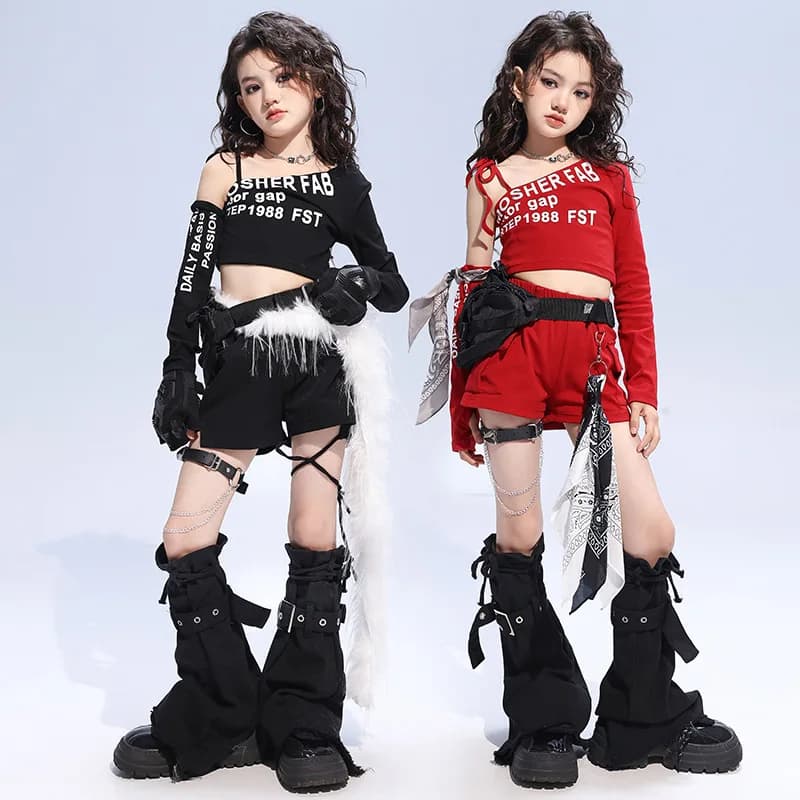 Girls Jazz Dance Costumes Group Jazz Fashion Suit Hip Hop Clothing Red Black One Shoulder Crop Top T Shirt Sweatpants Shorts Set