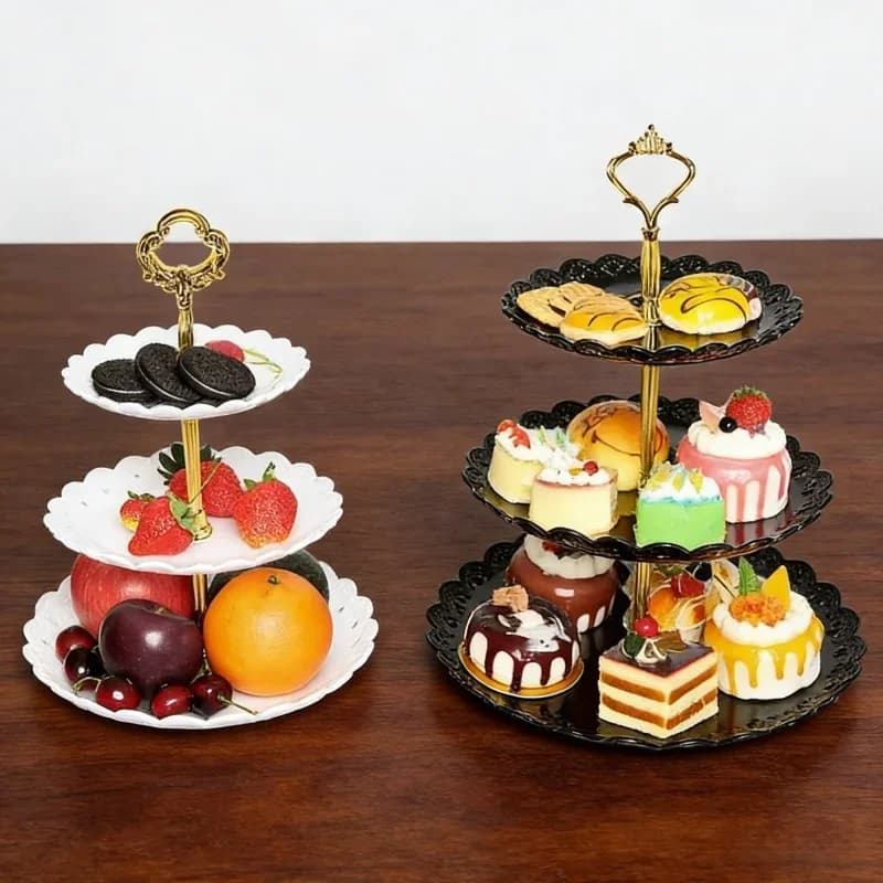 Espositore per Dessert a Tre Livelli in Plastica, Porta Torta Multifunzionale, Vassoio per Frutta, Porta Caramelle e Frutta Secca, Accessori per Matrimoni ed Eventi