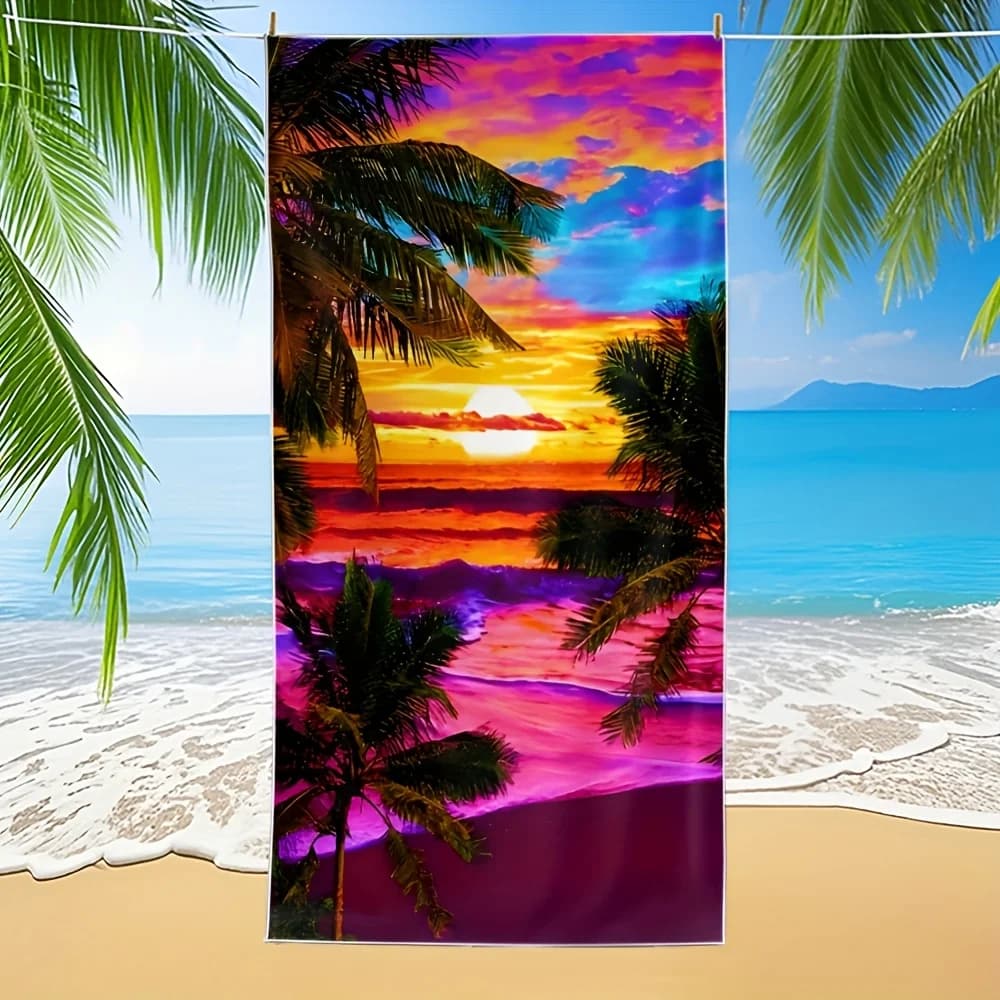 Telo mare e tappetino in microfibra extra large con stampa colorata di palme al tramonto, super assorbente e ad asciugatura rapida per piscina, yoga, campeggio, viaggi