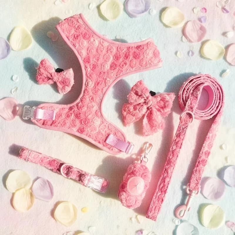 Custom Logo Flower Pet Harness Leash Collar Set Valentine's Day Soft Adjustable Puppy Dog Harness Vest for Small Dogs Cats Gift