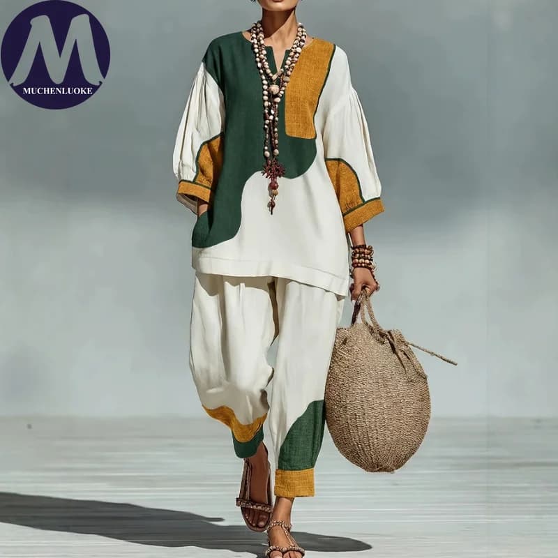 Women's Summer 2-Piece Set Color Block Lantern Sleeve round Neck Top with Casual Loose Foot Binding Pants Fashionable And Comfor