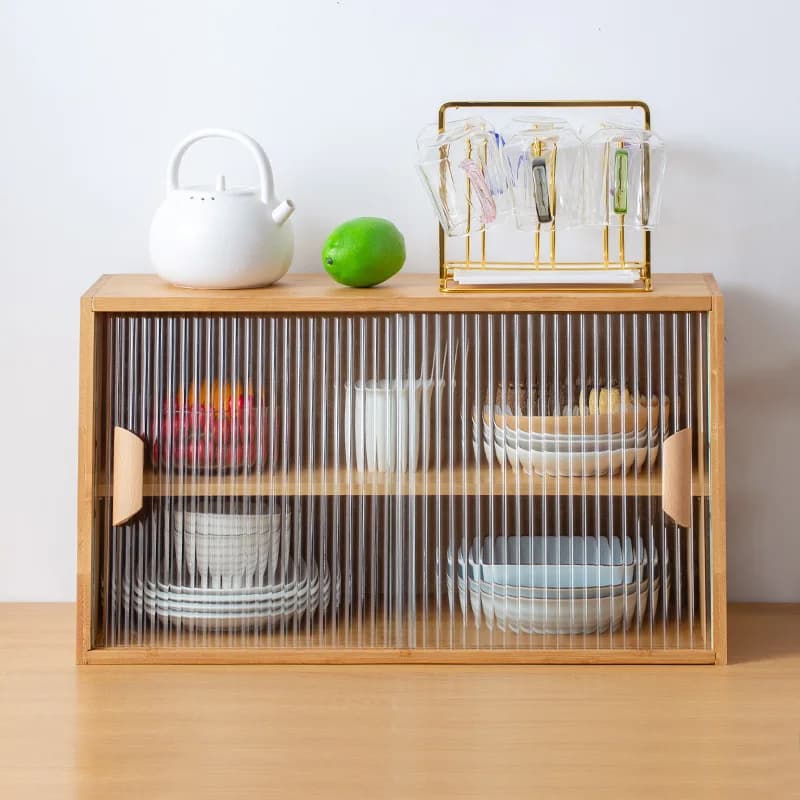 Japanese Style Solid Wood Kitchen Storage Cabinet with Glass Door Compact Dining Room Display Shelf Modular Desktop Organizer