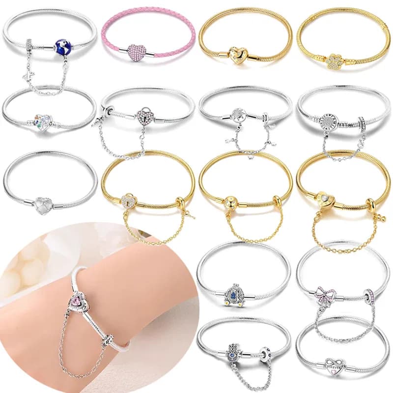 Bracciale classico con catena di sicurezza e chiusura a cuore, in argento sterling 925, gioielli da donna alla moda, compatibile con ciondoli fai da te.