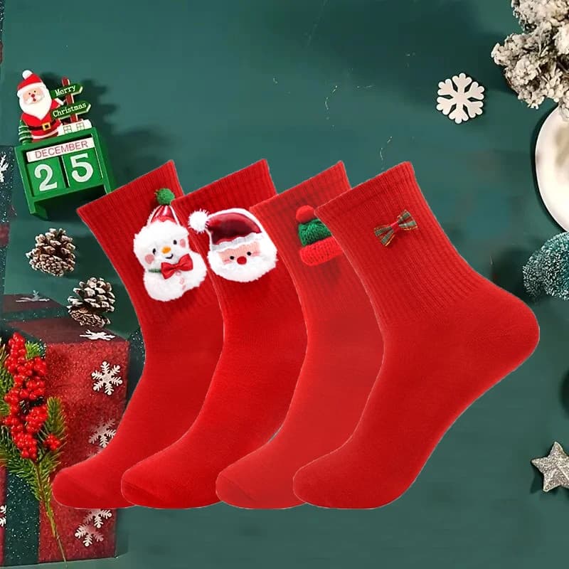 1 pair/4 pairs of women's socks for New Year Red Sox Santa Claus, comfortable festive and breathable socks for holidays, Christmas socks