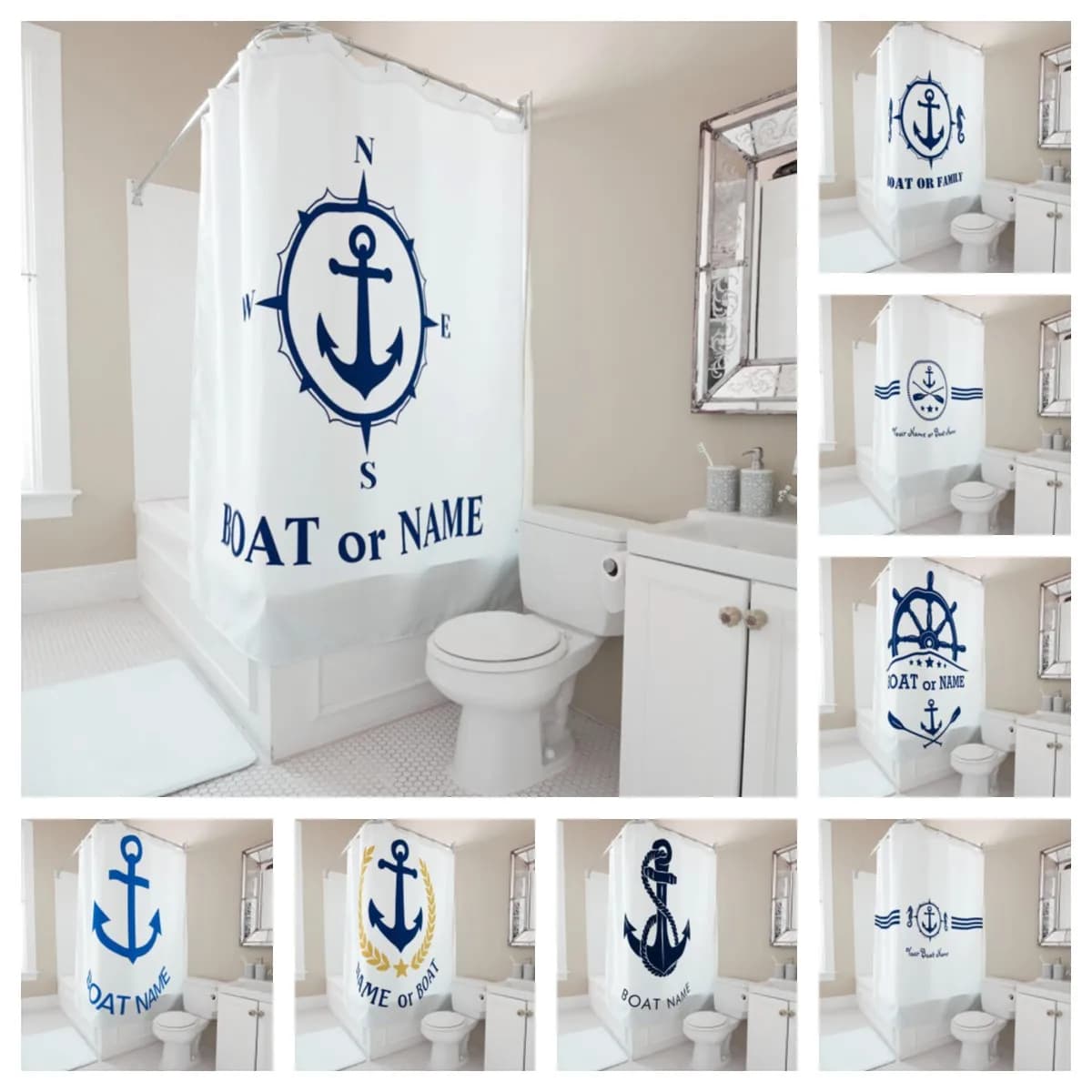 Tenda da doccia impermeabile personalizzata Nome della barca personalizzato Design di ancoraggio nautico Decorazioni per il bagno Accessori per la casa Tenda da bagno