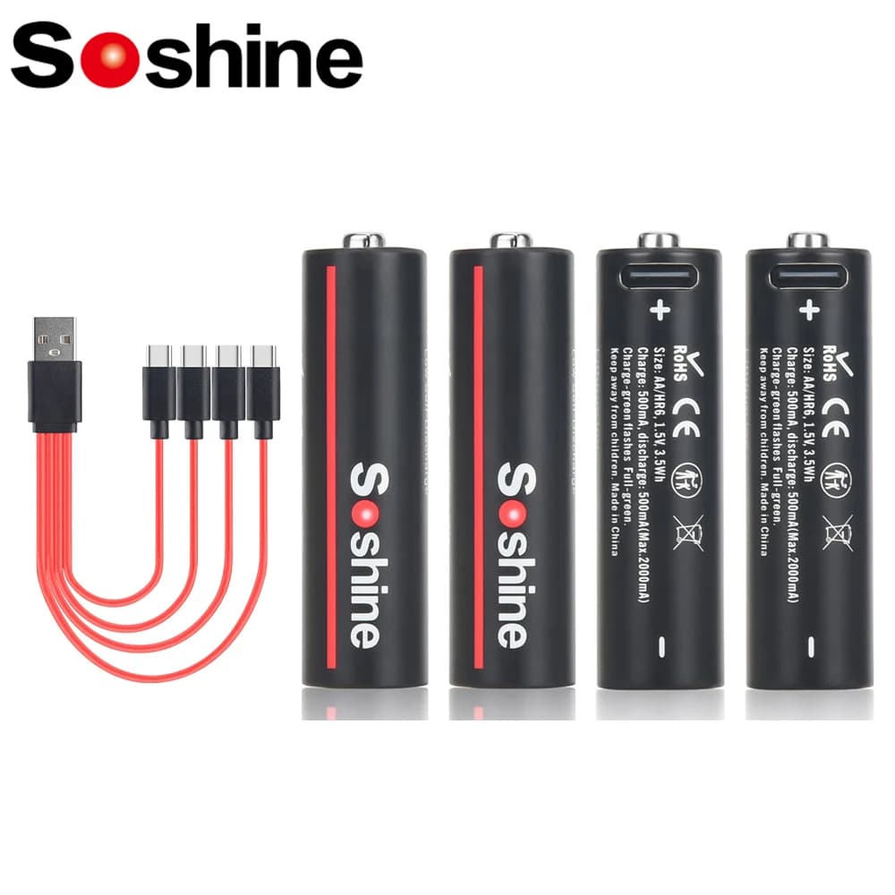 Soshine Batterie ricaricabili da 1,5 V AA 3500 mWh Batteria al litio USB con cavo USB 4 in 1 per fotocamera per macchina da gioco con rilevatore di fumo