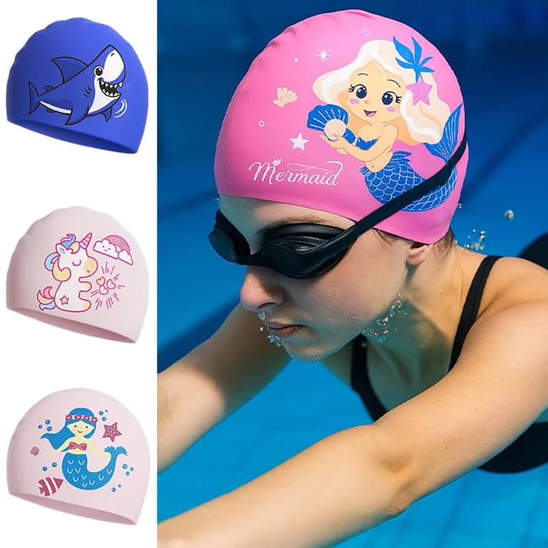 Silicone swim cap for teenagers Explosions Mermaid Print cartoons Elastic and comfortable waterproof swim head for children