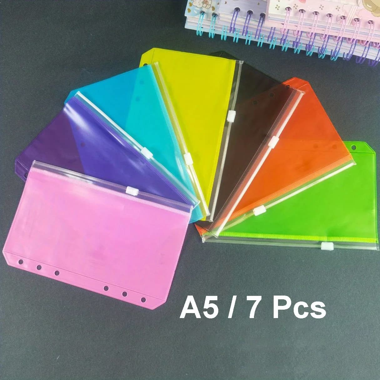 Set di 7 Tasche A5 con Cerniera in PVC Impermeabile, Compatibili con Raccoglitori a 6 Anelli, per Organizer, Quaderni e Conservazione Ricevute
