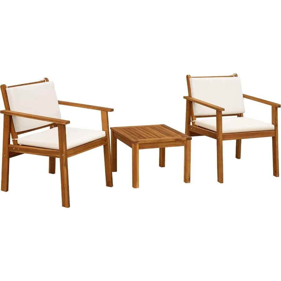 Sedie da giardino Mobili da giardino in legno di acacia da 3 pezzi con cuscini per tavolino Set da conversazione per esterni Sedie da balcone per