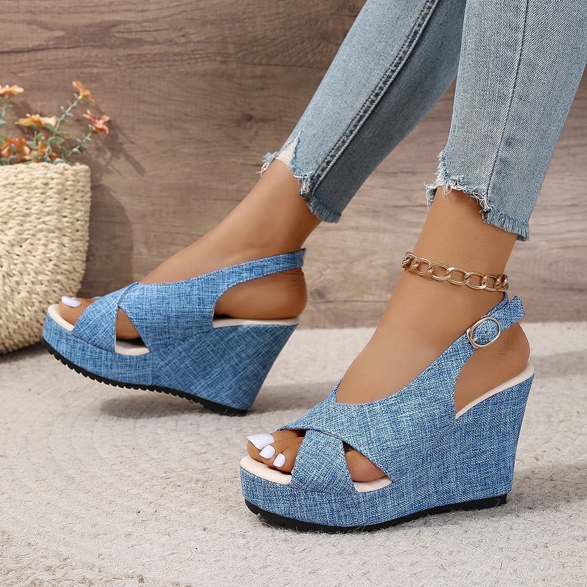 Summer Womens Platform Shoes Fashion Denim Cross Back Strap High Heels Sandals Woman Wedge Sandalias Plus Size 43