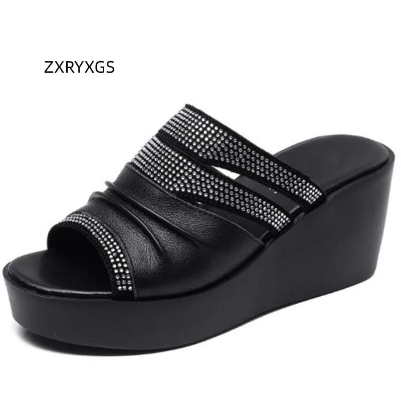 ZXRYXGS 2025 Sandali in pelle estiva con strass in pelle bovina premium Bocca di pesce Sandali romani Piattaforma Zeppe Scarpe con tacco Sandali da donna
