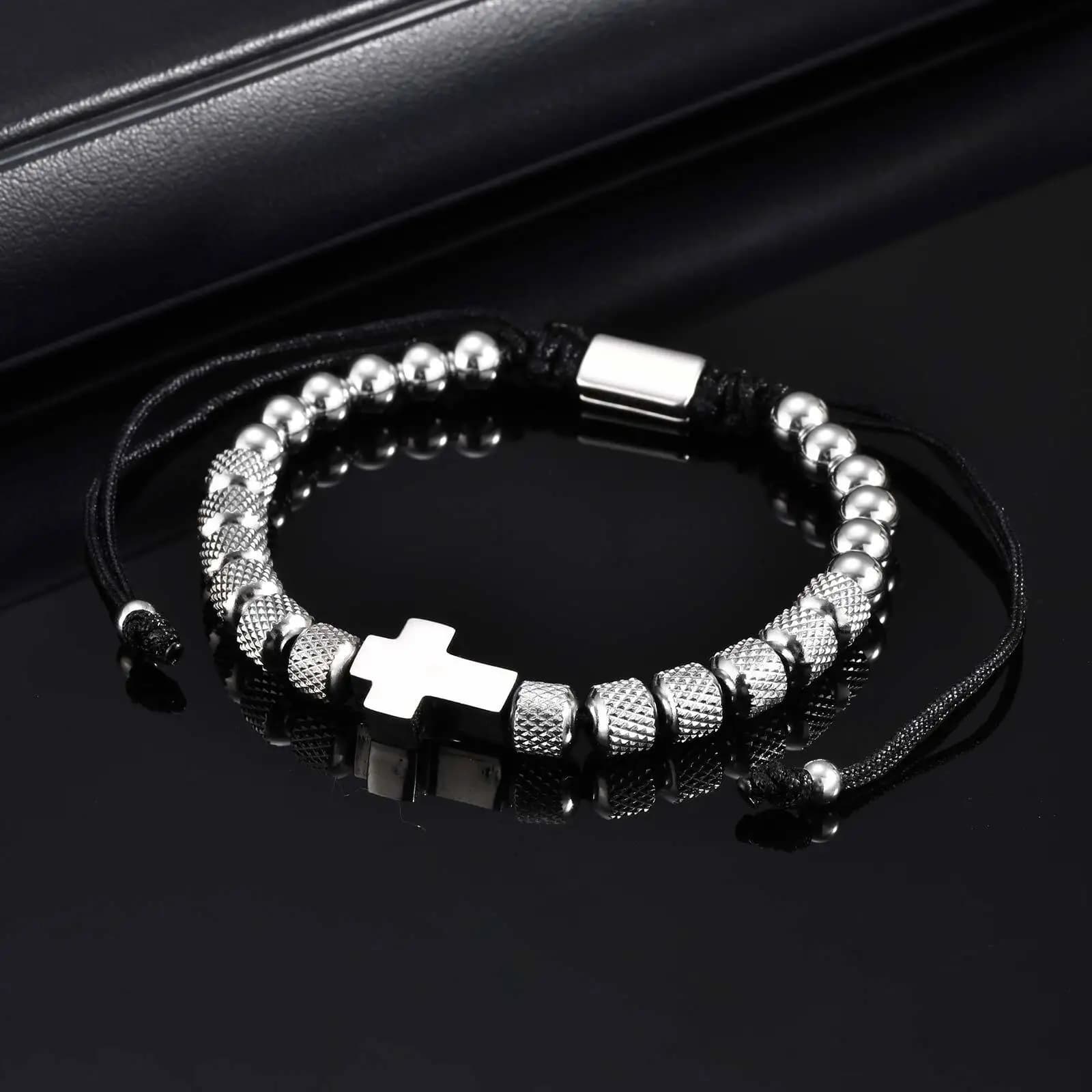 Cross Pineapple Bead Bracelet for Men,Adjustable Stainless Steel Metal Beaded Bracelet,Simple Trendy Jewelry Gift