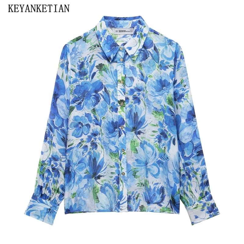 KEYANKETIAN 2025 Spring New Women's Blue Flower Print Shirt Pastoral style Single Breasted Long Sleeve Loose Chiffon Blouse Top