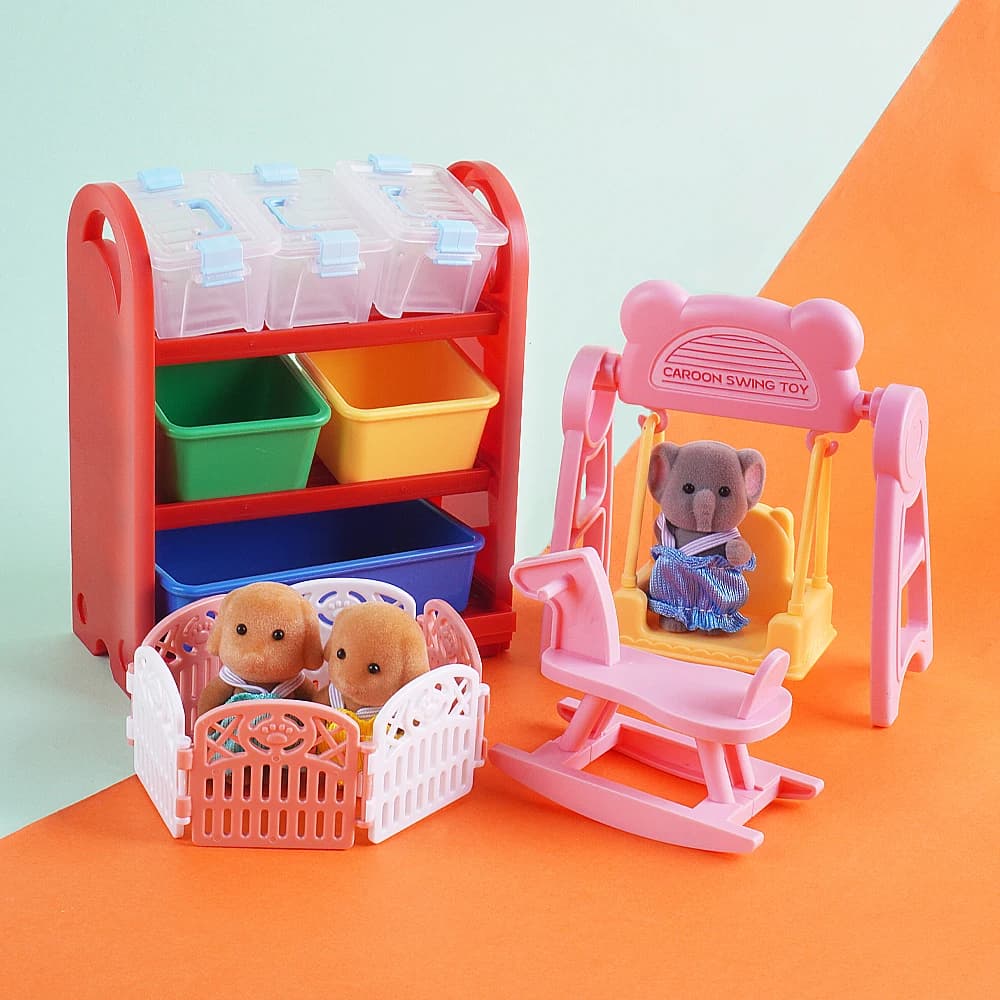 Miniatura 1:12 Set di scacchi volanti fai da te Mobili per case delle bambole Cavallo a dondolo per bambini Crilb con mini rack di stoccaggio per il giocattolo della casa da gioco per bambini