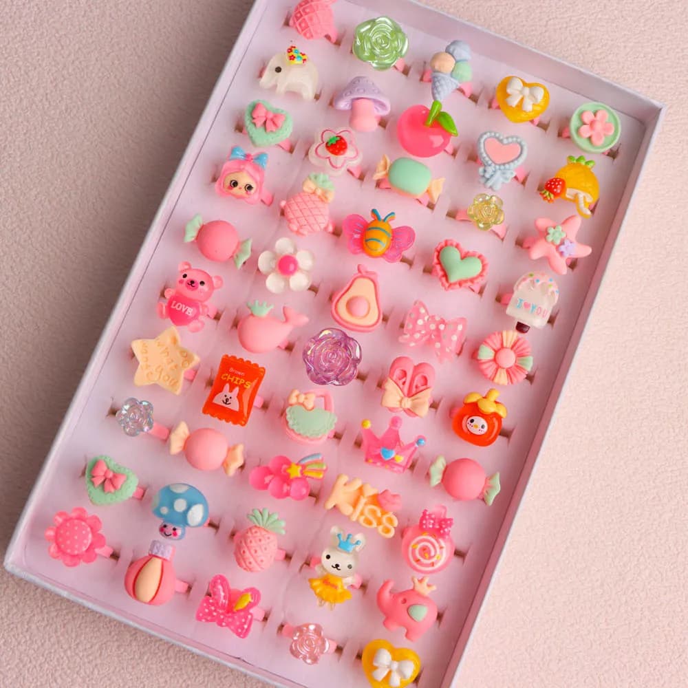 10/20/30/50/100 Pz/Lot Fashion Cartoon Sweet Flower Sweat Fruit Shape Glitter Rings For Women Men Mix Style finger jewelry gift