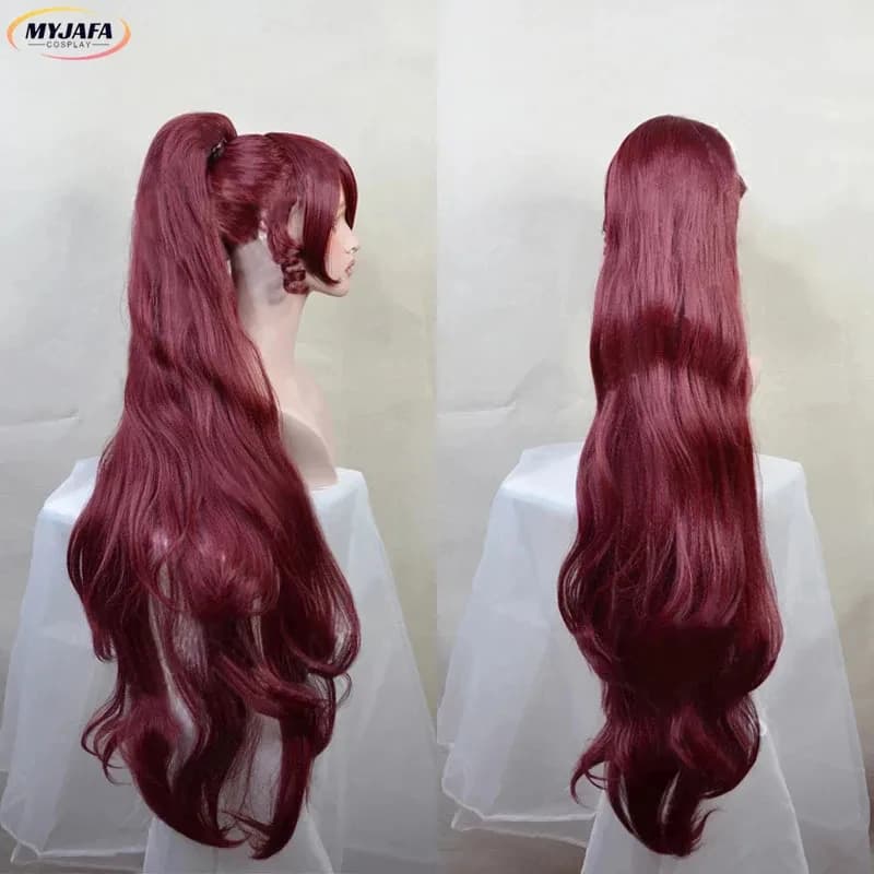 Parrucca Cosplay Principessa Megara, Lunga con Clip e Coda di Cavallo, Rosso Vino Scuro, Resistente al Calore, Capelli Sintetici, Parrucca Anime