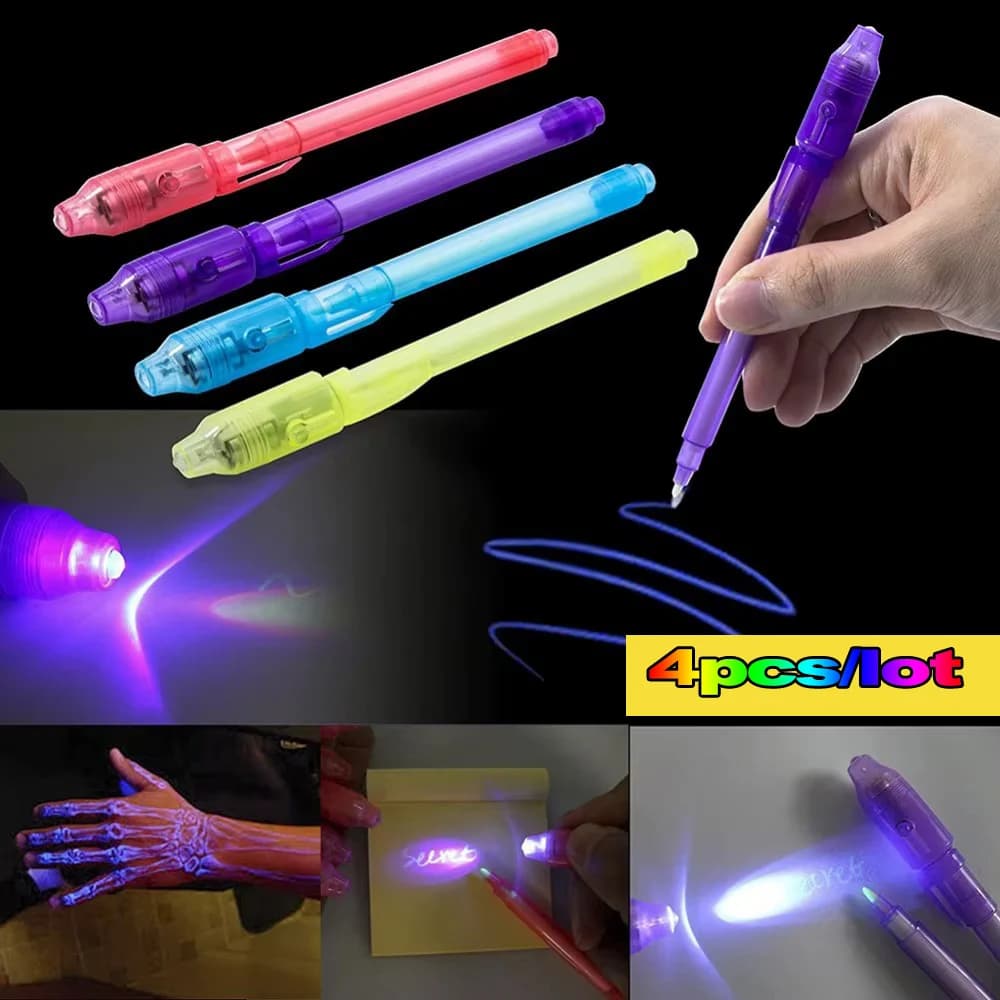 4 pezzi Spy Pen Penna a inchiostro invisibile con luce UV Pennarello magico per messaggio segreto Scatola del tesoro Premi Bomboniere per bambini Giocattoli Regalo