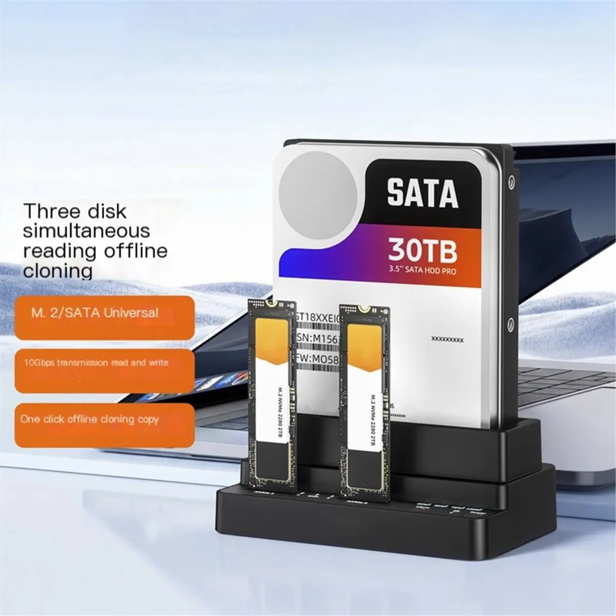 AAAE M.2 NVMe/2.5/3.5" SATA SSD Docking Station USB 3.2 Multi-Bay Drive Reader with One-Touch Offline Cloning