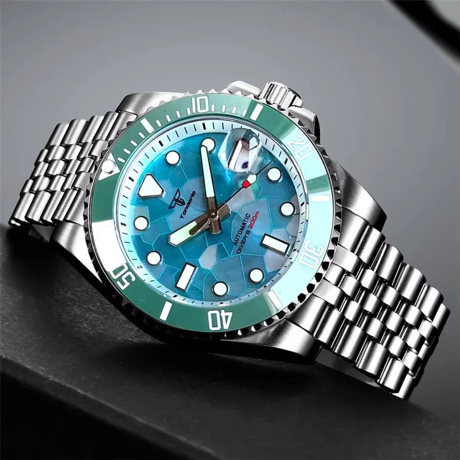 Orologio Subacqueo Automatico da Uomo Tandorio 40mm con Quadrante in Madreperla Verde Turchese, Vetro Zaffiro, Datario, Ghiera Girevole, Lume, Impermeabile 20ATM, Movimento NH35A