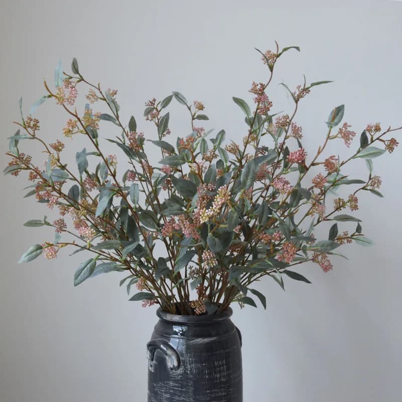 4Pc 100cm Long Branch Autumn Evergreen Leaves with Rice Fruit Artificial Home Decor Fake Plants Leaf Wedding Party Floral Layout