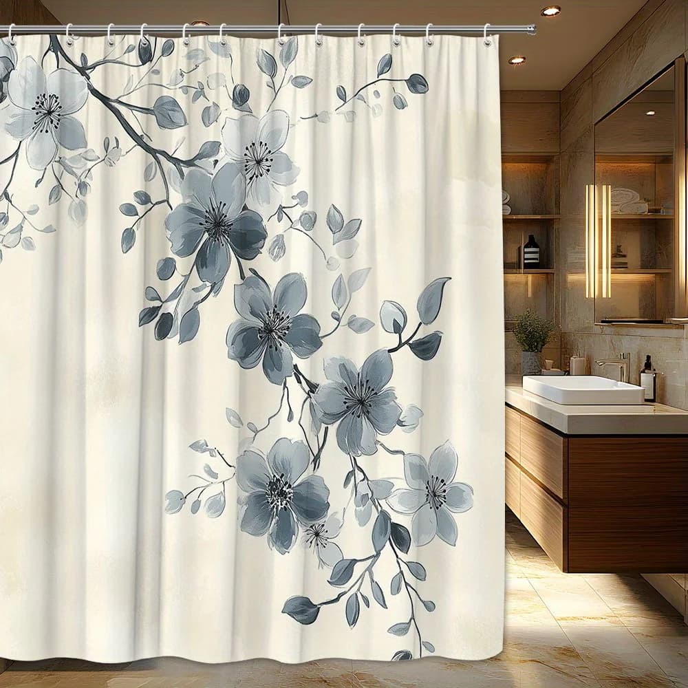 Tenda da doccia floreale azzurro-grigio - Fiori pastello morbidi, 70,87x70,87 pollici