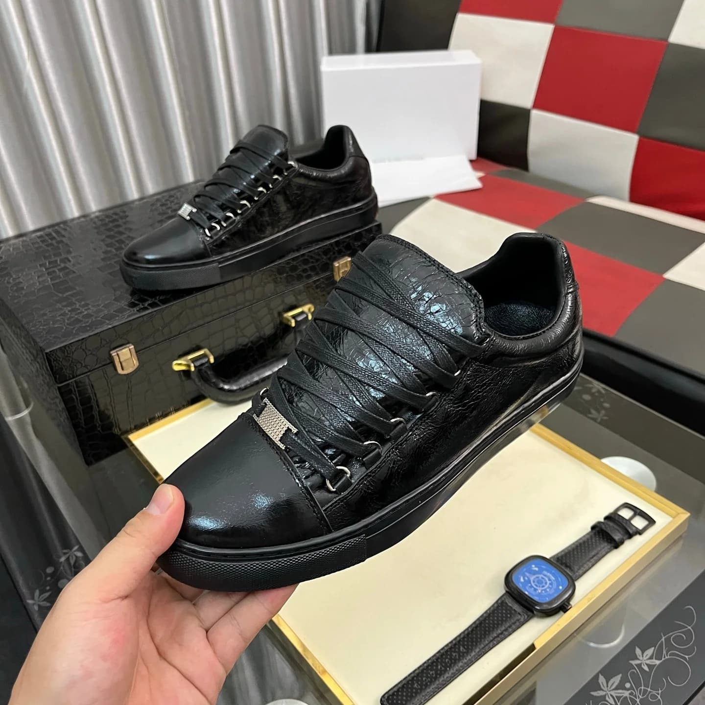 Holiday Gifts Luxury Brand Men's Shoes Handmade Casual Sneakers Fine Tough Wrinkled Leather Texture Top-grain Sheepskin Lining