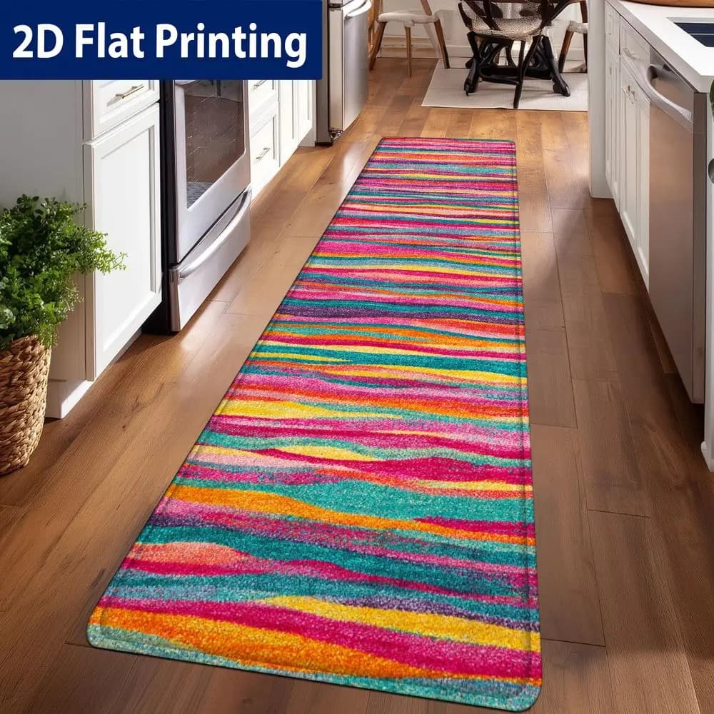 Bohemian Watercolor Rainbow Stripe Kitchen Runner Rug, Non-Slip Washable Durable Mat for Kitchen, Laundry & Entryway