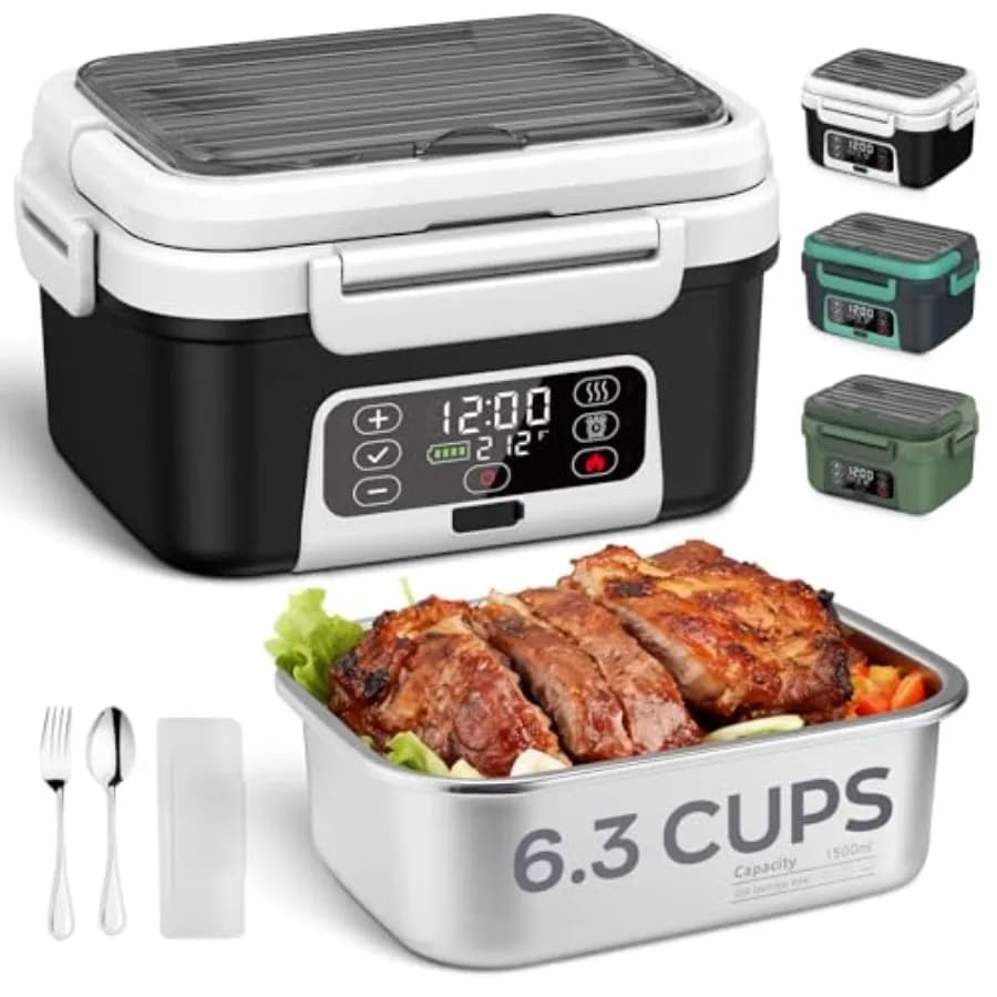 Cordless Electric Lunch Box for office and travel, BPA-free plastic, black+white, 6.3 cup ccity with 100W self-heating and 2000