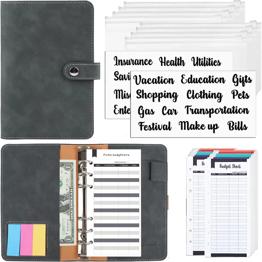 Raccoglitore A6 Budget Planner Notebook Copertine in PU Cartella Raccoglitore a 6 fori Tasche Raccoglitore in plastica Cerniera Busta per risparmiare denaro