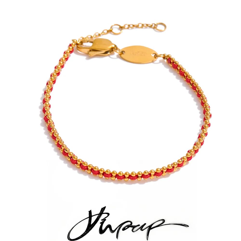 Bracciale Chic Fatto a Mano con Filo di Poliestere Nero e Rosso, Placcato in Oro 18K PVD su Acciaio Inossidabile, Gioiello Raffinato