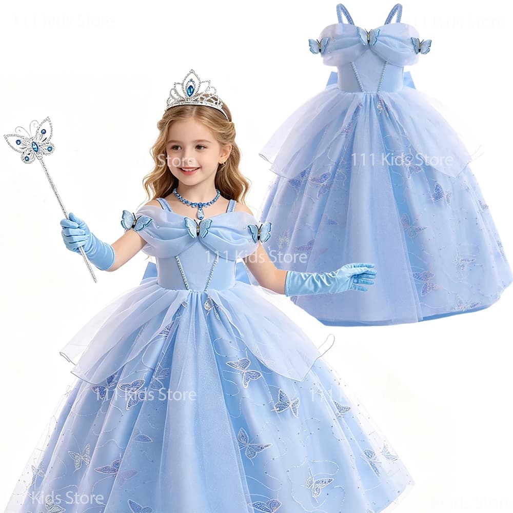 Costumi cosplay blu per ragazze Cenerentola, abito da ballo con paillettes a forma di farfalla, abito da sera elegante, abito da principessa per bambina, abito da carnevale