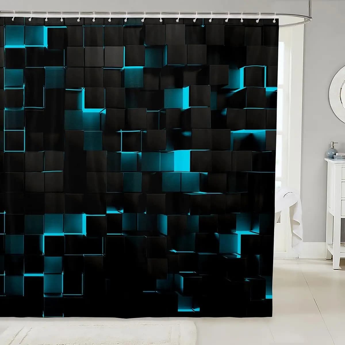 Tende da Doccia Turchese e Nere per Bagno, Tende da Bagno con Motivi Geometrici Turchese Neon, Griglie Astratte Stereoscopiche a Quadri
