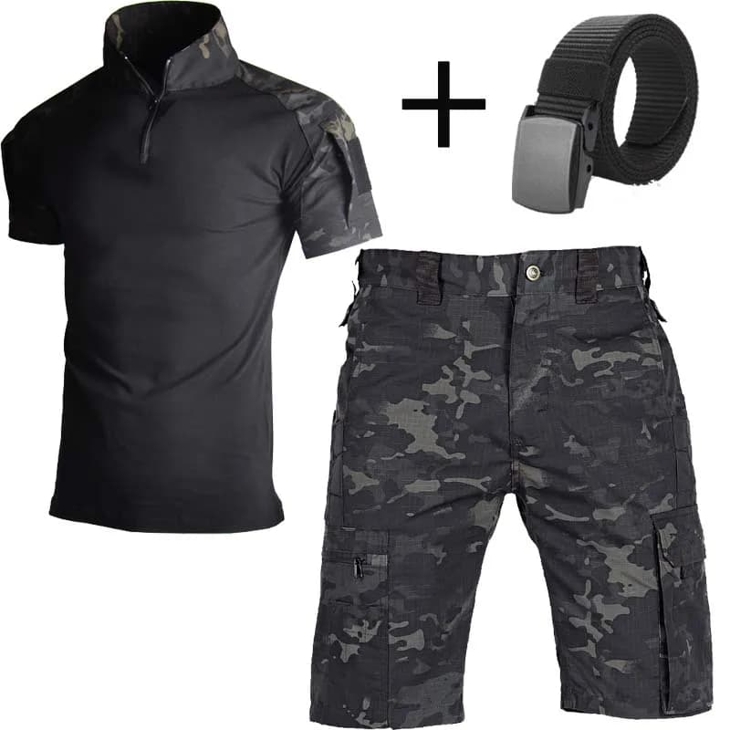 Nuovo Set di Pantaloncini Tattici Elastici da Uomo, Magliette Ripstop per Allenamento, Set di Pantaloncini Cargo per Ciclismo, Escursionismo, Pesca e Casual