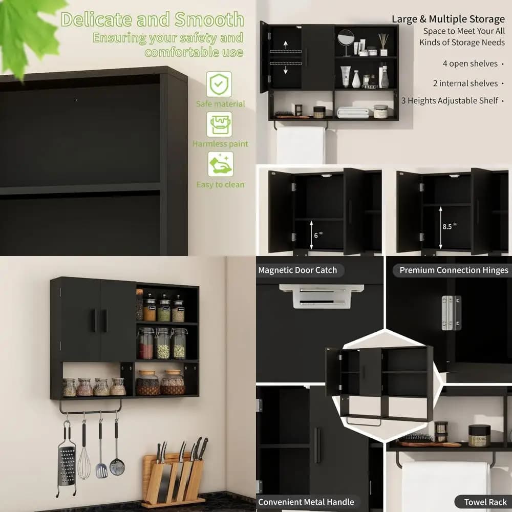 Mobiletto da Bagno in Legno Nero da Posizionare Sopra il WC con 2 Ante, Ripiani Regolabili e Porta Asciugamani