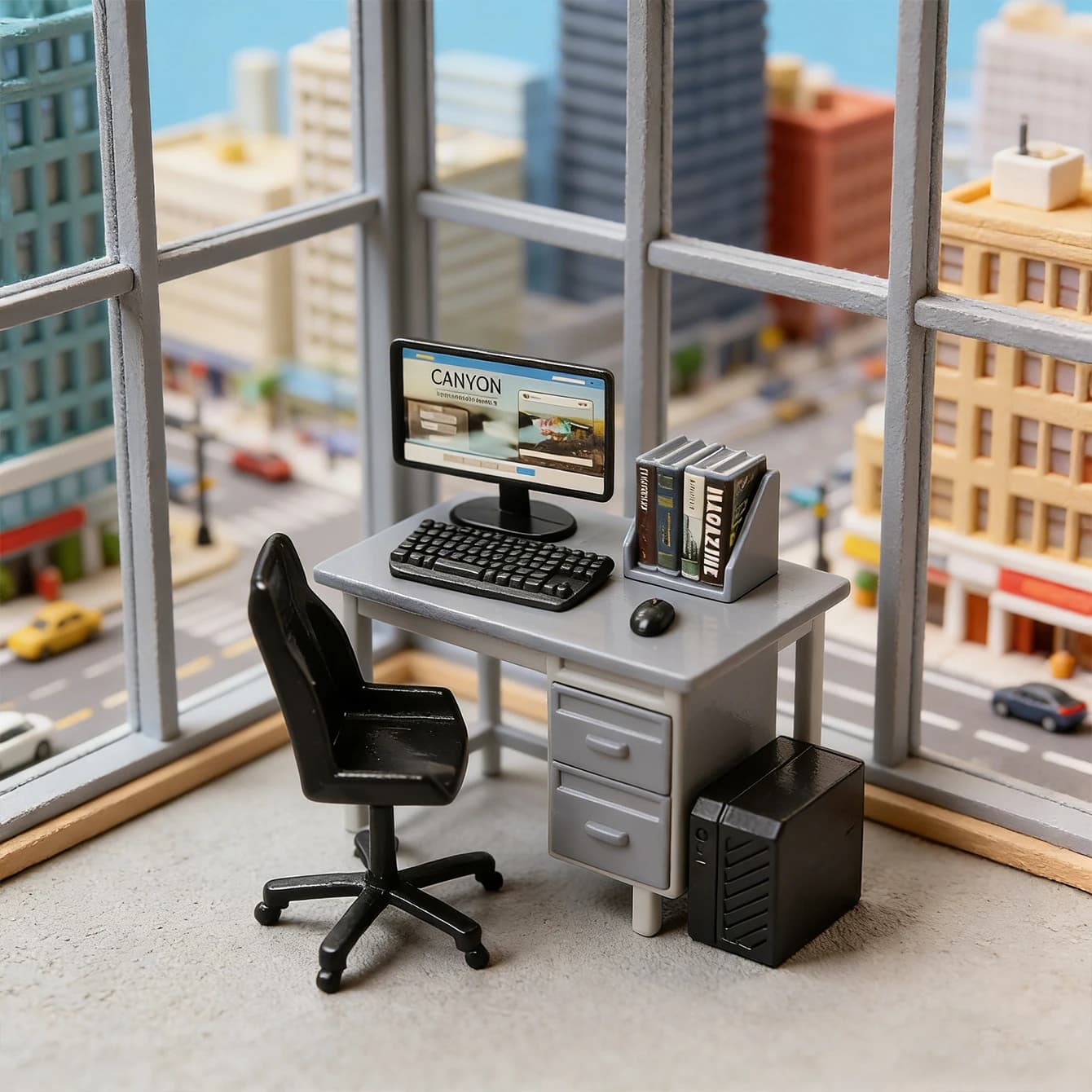 Set computer da scrivania in miniatura: mini modello di computer da ufficio simulato, simulazione di scena d'ufficio, modello decorativo per casa delle bambole