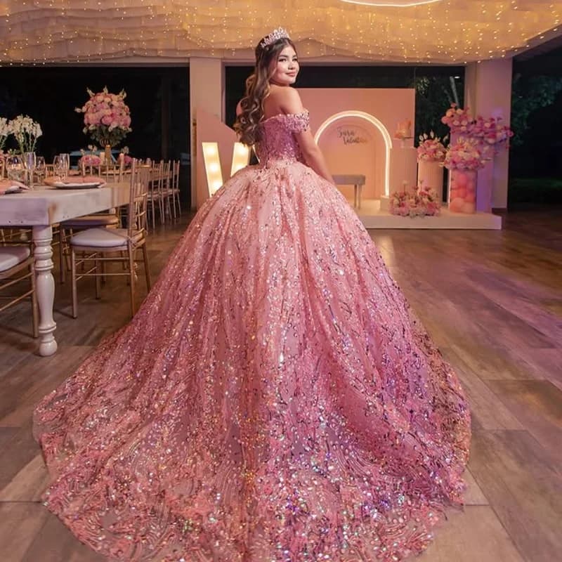 Abiti Quinceanera rosa lucido personalizzati con spalle scoperte applique con paillettes cristallo Tull Vestido De 15 Quinceanera