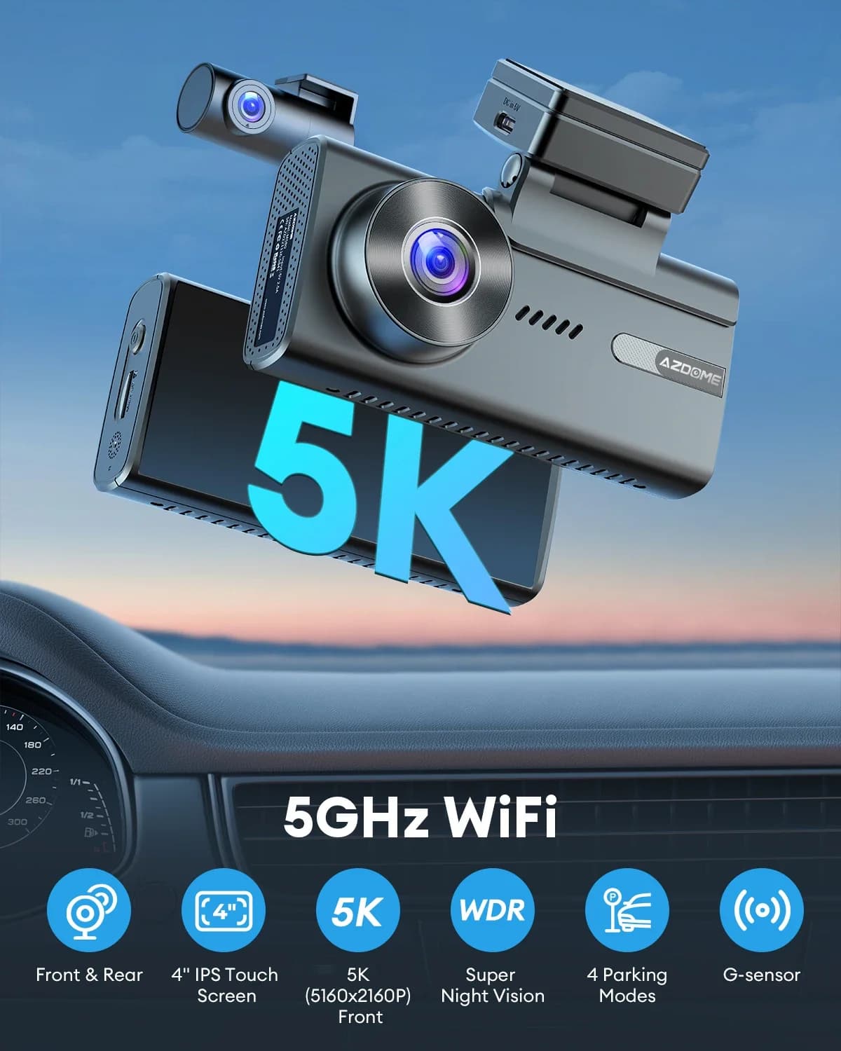 AZDOME M580-2CH 5K Dash Cam front and rear 4k GPS integrated car support black box 2.4G and 5G Wifi Dash Cam