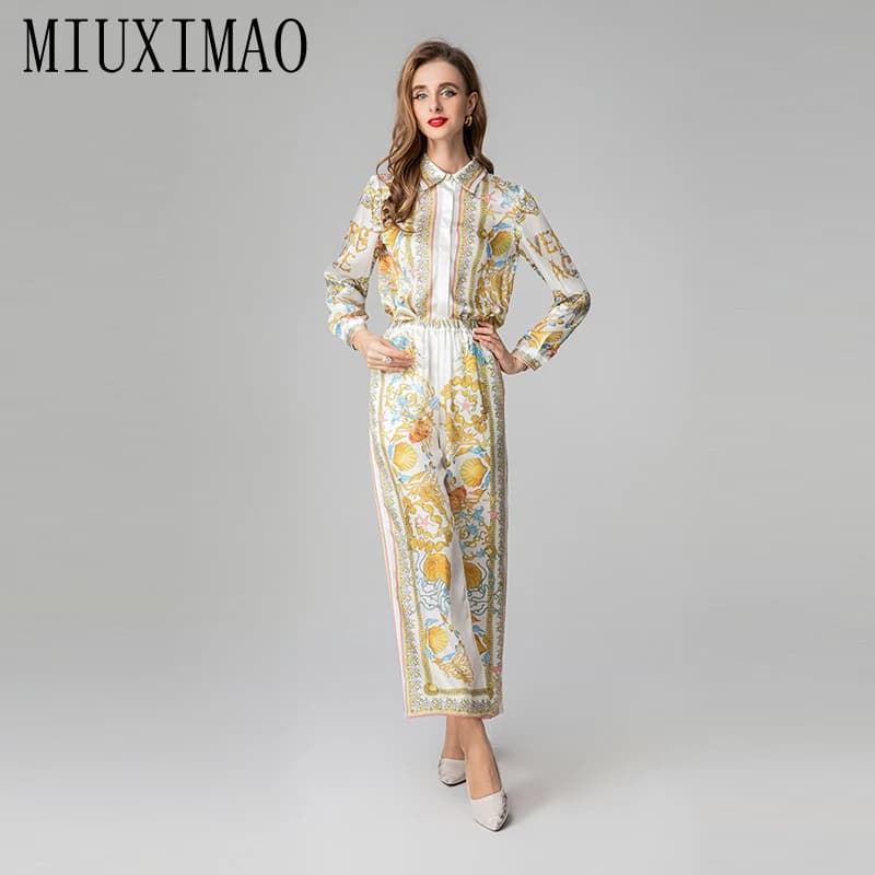 MIUXIMAO 2025 Spring Autumn Two piece set Fashion Sleeve Slim Starfish Shell Print top + Long Pants Suit Women Vestidos