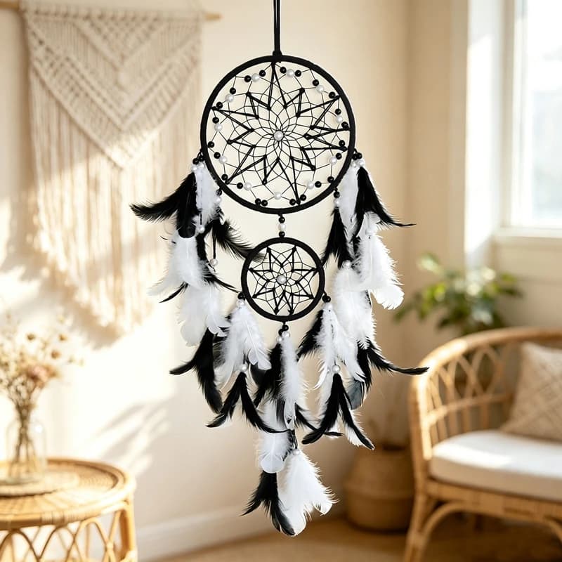 Bohemian Feathers Dream Catcher with Double Rings Wall Hangings Handmade Ornaments Garden Wind Chimes For Girls Gifts