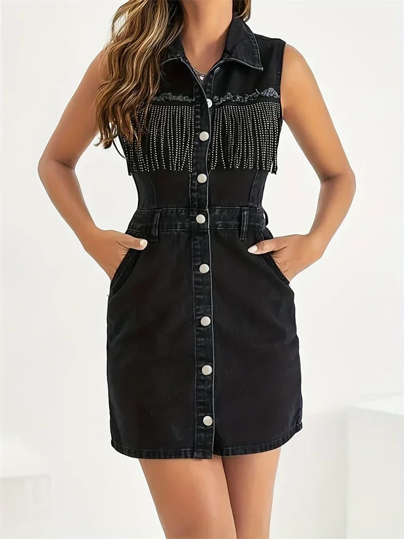 Streetwear Abiti in denim Abbigliamento estivo Donna 2025 Mini abito senza maniche con bottoni e nappe Moda femminile Abiti Jean Vestidos