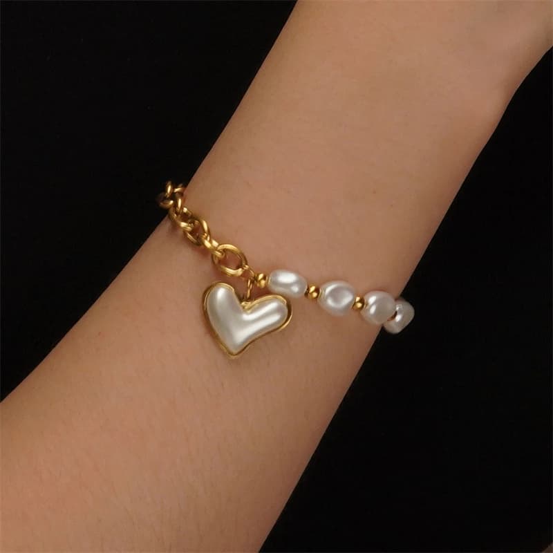 316L Stainless Steel 2025 New Fashion Fine Jewelry Irregular Shaped Pearls Charm Love Heart Chain Bracelets For Women Decoration