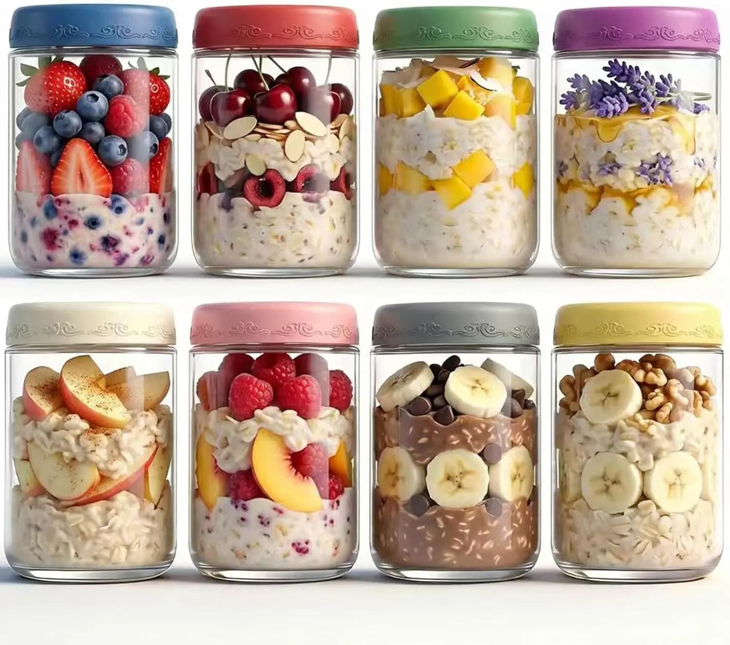 Set di 8 Barattoli da 18 OZ per Overnight Oats con Coperchi, Contenitori in Vetro per Preparazione Pasti, Barattoli Ermetici per Colazione, Yogurt, Insalata