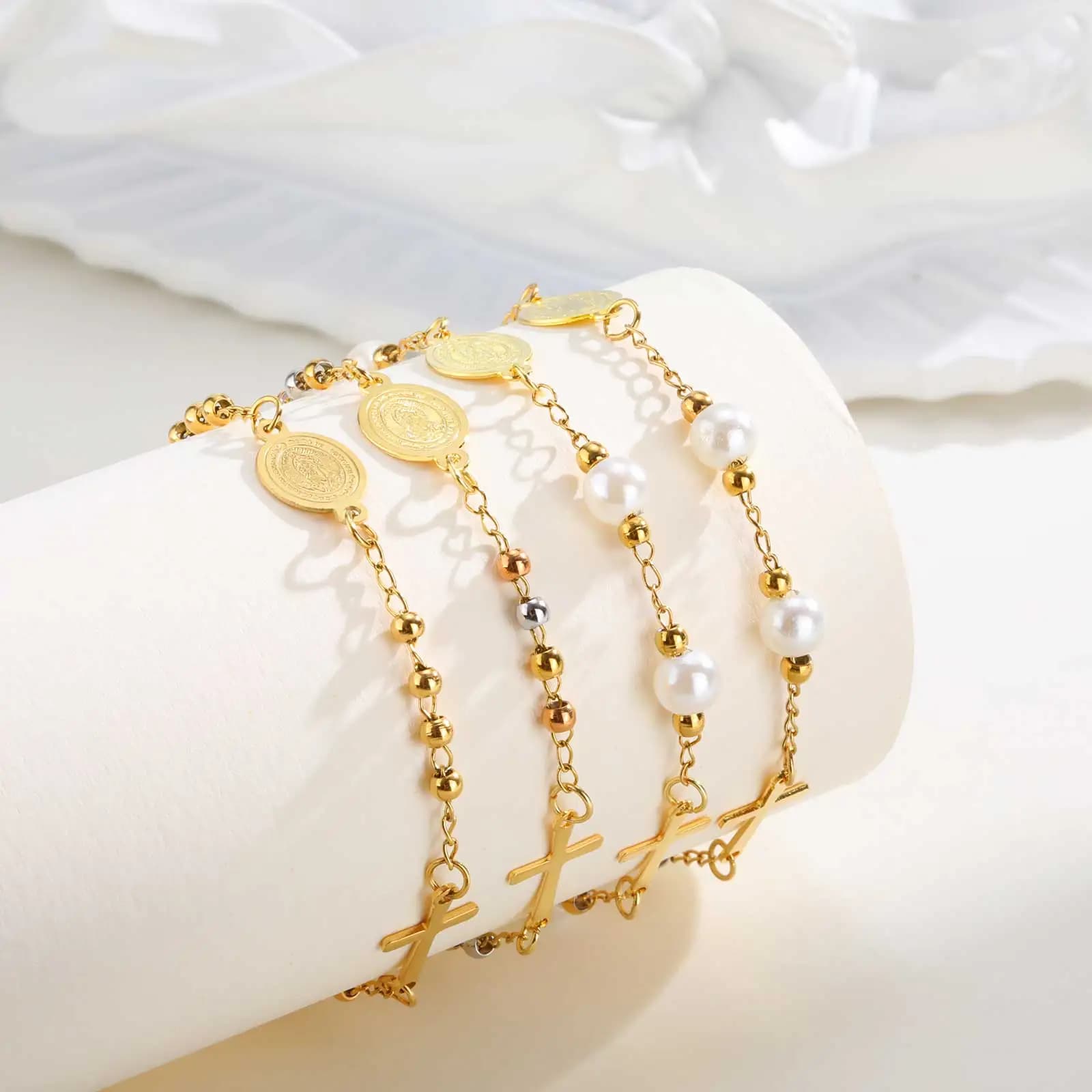 Bracciale Vergine benedetto con croce in acciaio inossidabile sacro, bracciali a catena con perline placcati in oro da donna, regali di gioielli alla moda