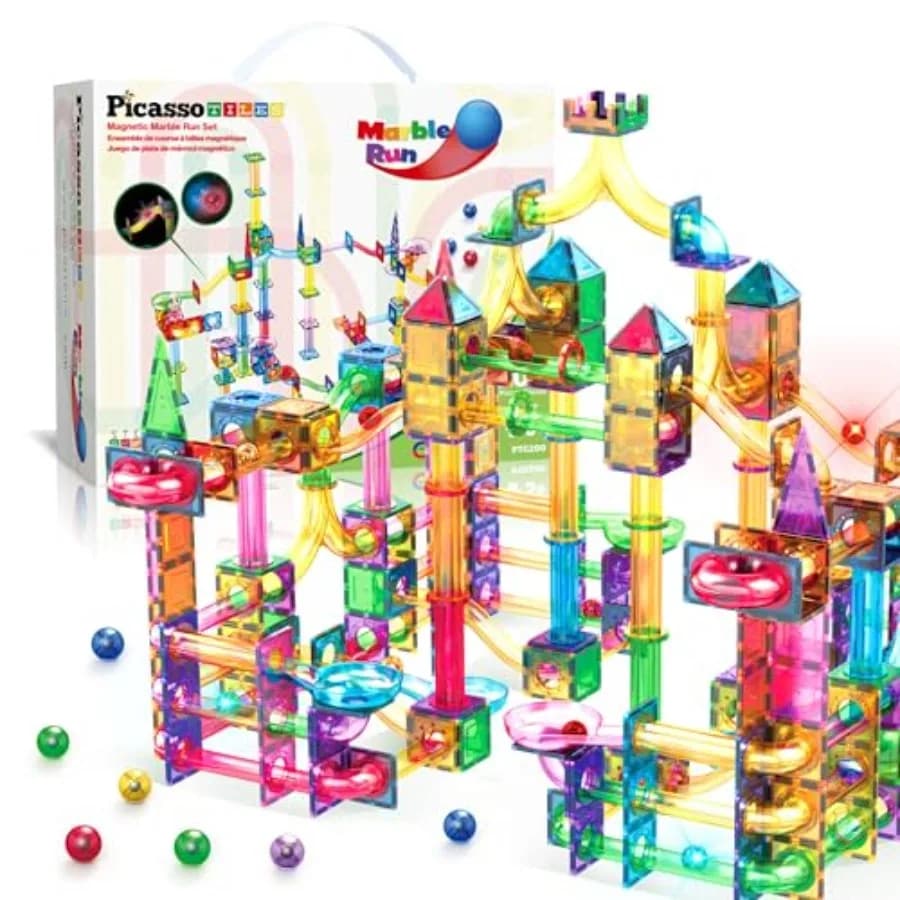 Giocattolo educativo STEM con pista per biglie per bambini dai 3 anni in su, piastrelle magnetiche con biglie luminose, gioco sensoriale di simulazione con labirinto.
