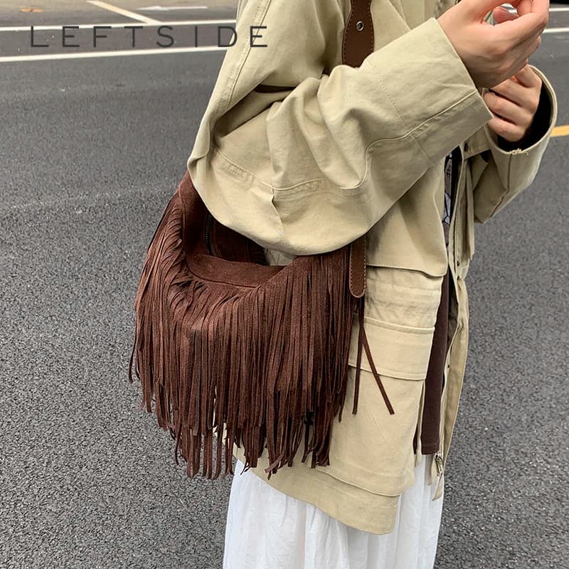 LEFTSIDE Design Punk Style PU Leather Shoulder Bags for Women 2025 Tassels New Crossbody Bag Females Retro ​Luxury Handbags