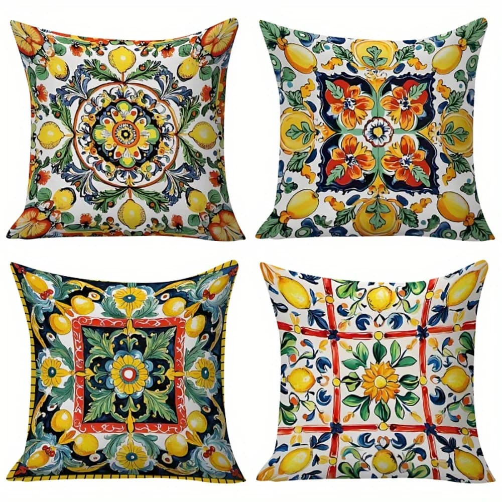 1/4pcs 2D Flat- Bohemian Sicilian Lemon Floral Throw Pillow Cover Home farmhouse outdoor decoration cushion cover