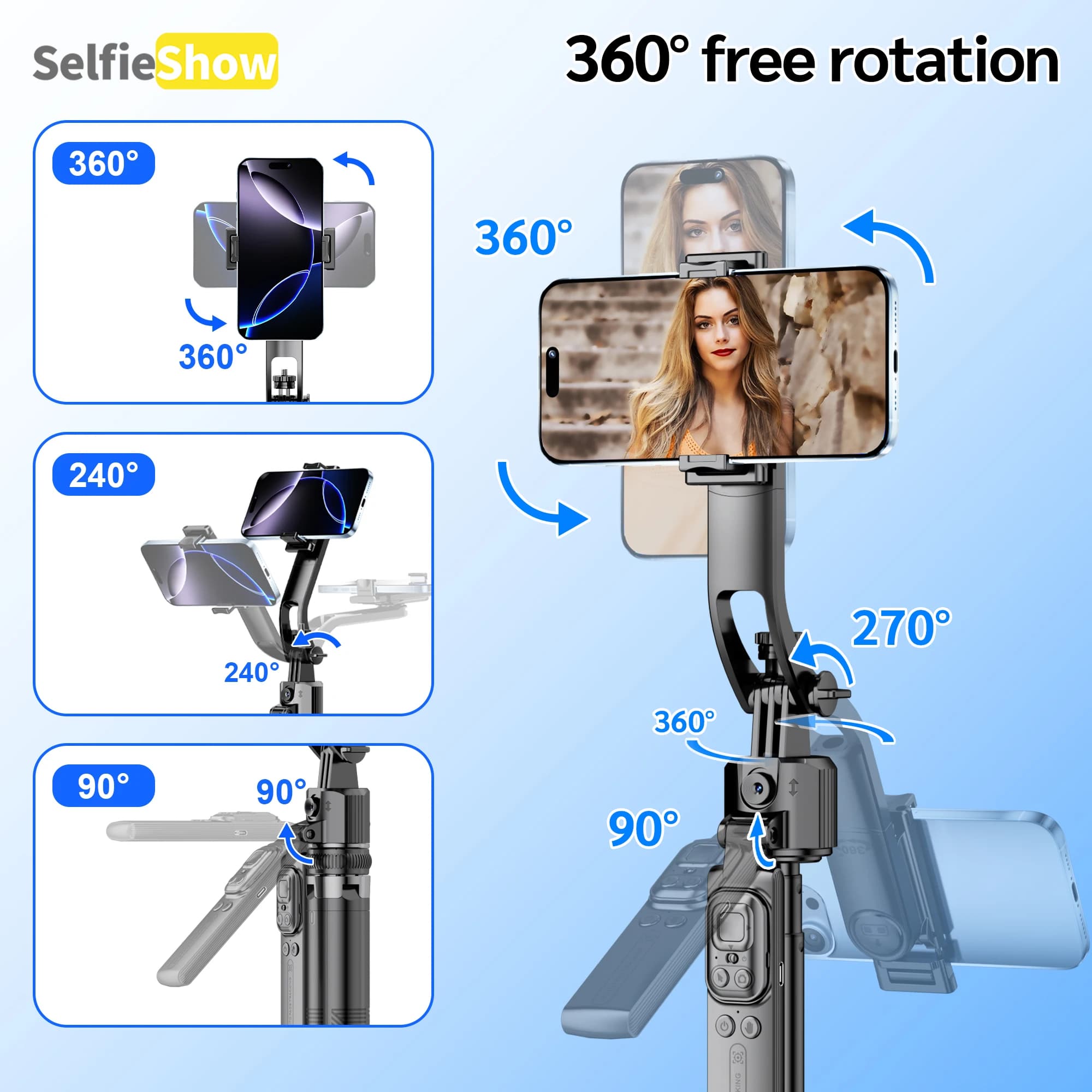Treppiede C17 360 ° Stabilizzatore per selfie quadrapod con rotazione automatica, tracciamento AI, telecomando, tiro Bluetooth