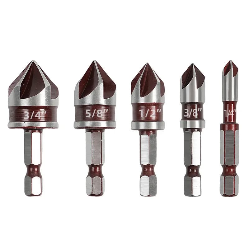 Red 82-Degree Five-Blade Chamfering Tool Quick Guide Woodworking Drill Countersink Wood Centering Drill Bit Set