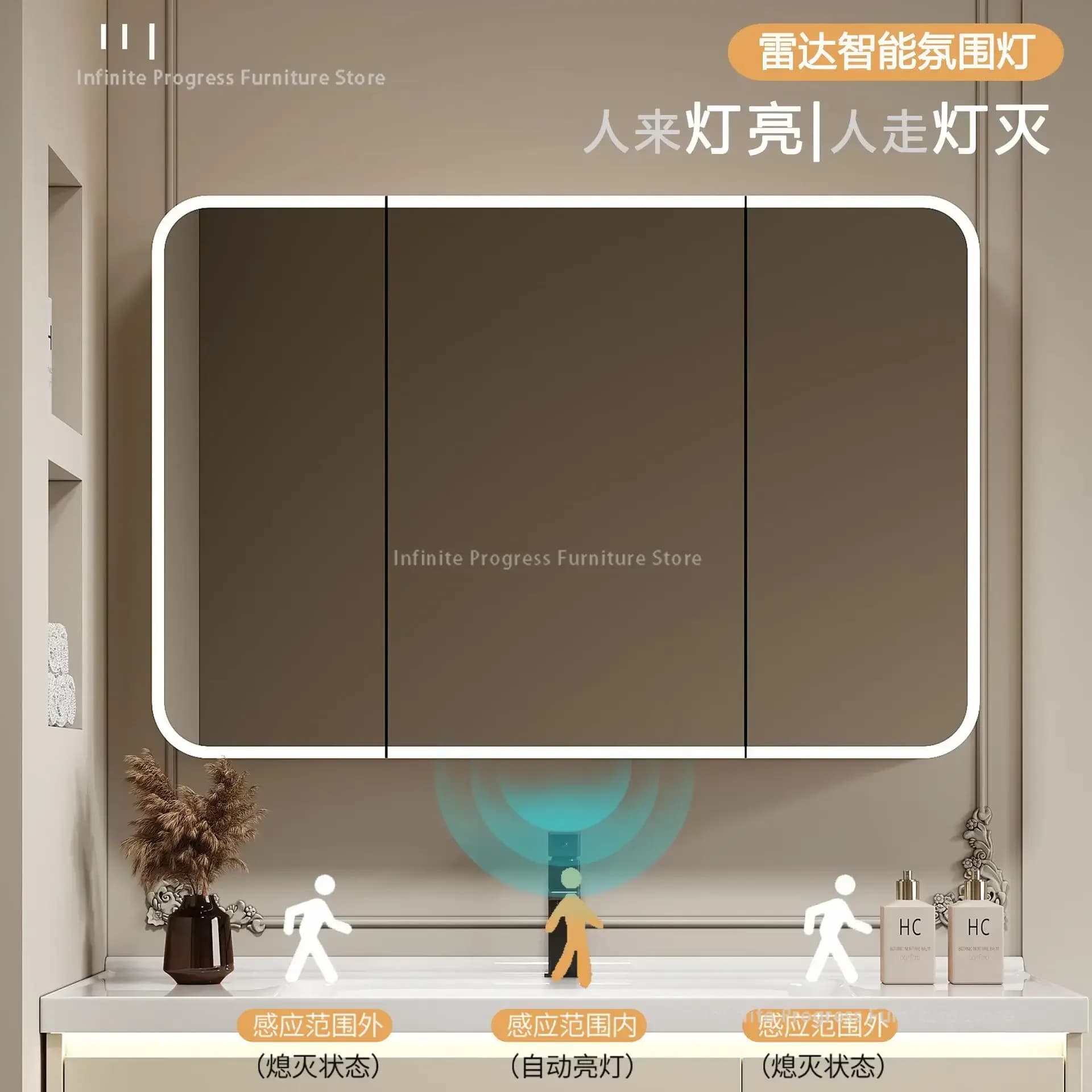 Armadietto per specchio da bagno intelligente in alluminio spaziale Bagno separato Specchio da bagno ad angolo arrotondato a parete Specchio per WC