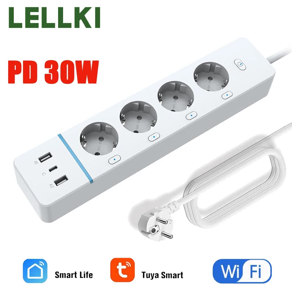 LELLKI WiFi 2A1C PD30W Power Strip Energy Monitoring 220V 16A EU Plug Tuya Smart Life Alexa Google Independent Control Button